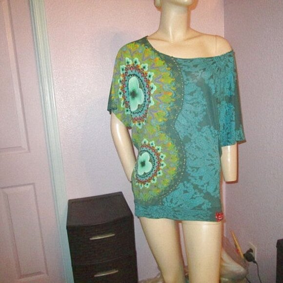 Desiqual STRETCH Jersey Size M BLOUSE Tunic Top METALLIC Floral DOLMAN Scoop - Picture 2 of 11